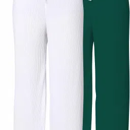 Pack of 2 Women Straight Fit White, Green Lycra Blend Trousers-image-3