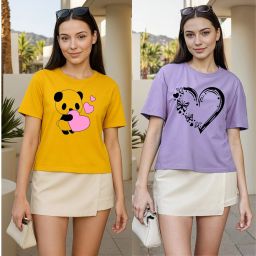 Pack of 2 Women Printed Round Neck Polyester Yellow, Purple T-Shirt-image-96