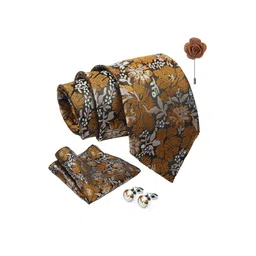 AXLON Men Floral Design Tie Set With Pocket Square-Cufflink & Flower Pin image 5