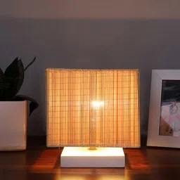 Devansh Beige & White Textured Square Bamboo Table Lamp With Wooden Base image 4