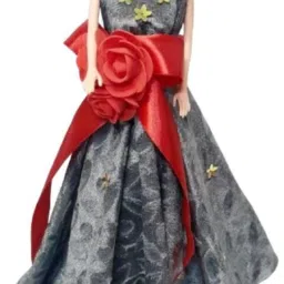 Fashion Doll in grey Floral Gown with red Rose Belt – Stylish Toy for Girls-36