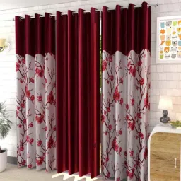 aadi traders Maroon Polyester Floral and Solid 9ft Semisheer Eyelet Long Door Curtains (3Pcs)-picture-28
