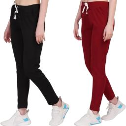 Women Comfort Fit Black, Maroon Cotton Blend Trousers-image-101
