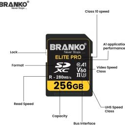 Branko V60 Elite Pro Memory Card for Photo Video Music Voice File DSLR Camera DSC Camcorder 256 GB SDXC Class 10 280 MB/s Memory Card Compatible with Mobile, Camera, Tablet image 4