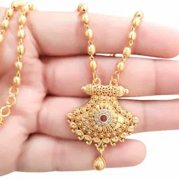 RAJWADI MATT FINISHED GOLDEN BEABED DESIGNER NECKLES Gold-plated Diamond Brass Pendant Set-picture-22