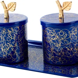 Metallic Dry Fruit Tumbler with Steel Lid | 2 Premium Jars and Tray| Blue Container, Tray Serving Set-image-1