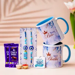 Bhaiya Bhabhi Evil Eye Bhaiya Bhabhi Lumba Rakhi Combo With Ceremic Mugs and Chocolates Assorted Rakhi, Mug Set-1