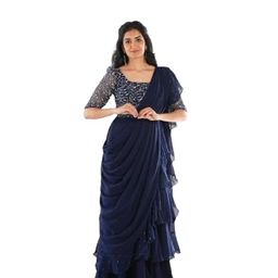 infabzon Ready to Wear Lehenga Choli for Women Bollywood Style Tebby Silk Fabric On Ruffile & Daimond Work Fully Stitched with Canvas & Can Can Ateched Blue image 1
