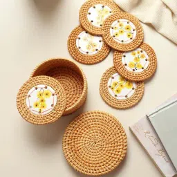 habereindia (Set of 6) 3.9 Inch Rattan Coasters with Storage Box (Brown)-picture-41