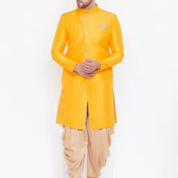 VM VM by Vastramay Men's Mustard Silk Blend Sherwani Only Top Solid Sherwani-image-7