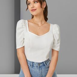 dream beauty fashion Casual Puff Sleeves Solid Women White Top-picture-38