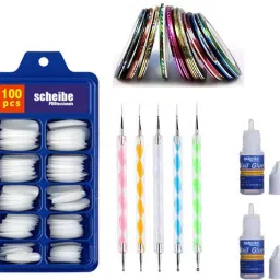 100 pcs White nails, 2 pcs Nail glue, 5 pc Nail tapes and 5pcs Dotting Pen-17
