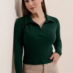 Casual Regular Sleeves Solid Women Dark Green Top-image-61
