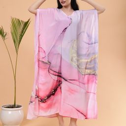 Shararat V Neck Printed Silk Kaftan Maxi Nightdress-image-73