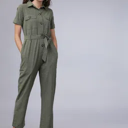 Tokyo Talkies Women Sage Green Solid Basic Jumpsuit-image-26