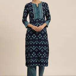 Vishudh Women Navy Blue Printed Kurta with Palazzos-image-97