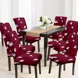 Cortina Set Of 6 Maroon & White Floral Printed Chair Covers-5