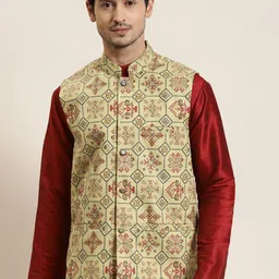 SOJANYA Men Olive Green Ethnic Motifs Printed Nehru Jacket-17