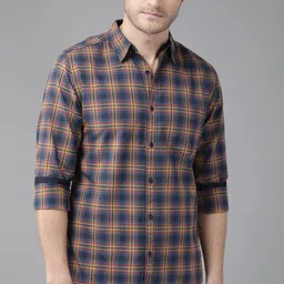 Roadster Men Navy Blue & Mustard Brown Pure Cotton Tartan Checks Casual Shirt-image-88