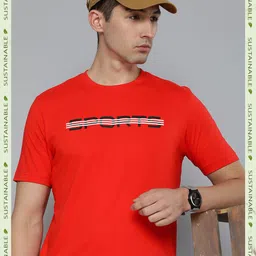 HERE&NOW Men Red & Charcoal Typography Printed Pure Cotton T-shirt-image-6