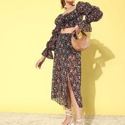 ANVI Be Yourself Women Black & Pink Printed Top With Skirt-image-40
