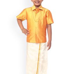 Thala-thalapathy Boys Yellow & Off-White Solid Shirt with Veshti & Towel With Gift Set-picture-12