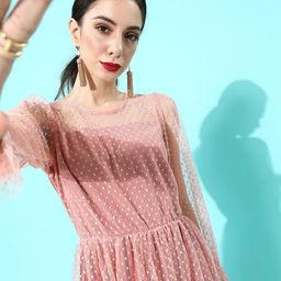 plusS Women Pretty Pink Polka-Dotted Ruched Dress-image-0