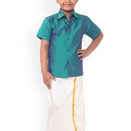 Thangamagan Boys Teal Blue & White Solid Shirt and Veshti-picture-29