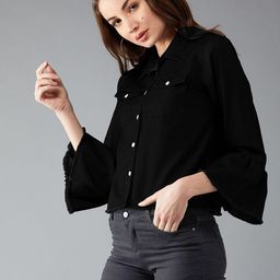 DOLCE CRUDO Women Black Solid Denim Jacket-image-79
