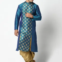 DEYANN Men Blue & Gold-Toned Printed Kurta with Dhoti Pants-image-69