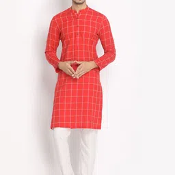 Manyavar Men Red Checked Straight Kurta-image-48