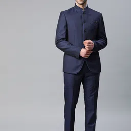 Blackberrys Men Navy Blue & Black Slim Fit Self-Design Single-Breasted Bandhgala Suit-picture-11