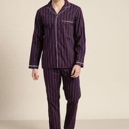 Hancock Men Purple Pure Cotton Striped Pyjama Set-image-85