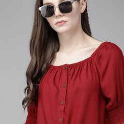 The Roadster Lifestyle Co Red EcoVero Solid Puff Sleeves Regular Sustainable Top-image-80