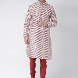 DEYANN Men Off-White & Red Printed Straight Kurta-13