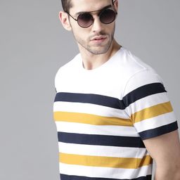 Roadster Men White  Navy Blue Striped Round Neck Pure Cotton T-shirt-image-33