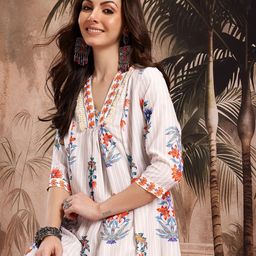 Sangria Floral Print A-Line Pleated Kurta-30