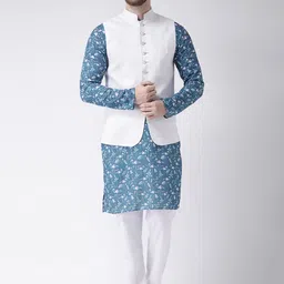Hangup Men Blue & White Printed Kurta with Pyjamas & Nehru Jacket-picture-50