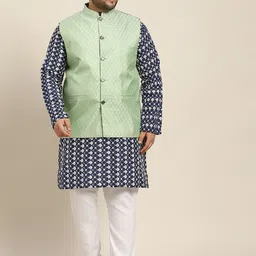 SOJANYA PLUS Men Navy Blue Embroidered Kurta with Churidar Comes with a Nehru Jacket-picture-18