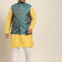 SOJANYA PLUS Men Yellow Embroidered Kurta with Churidar Comes with a Nehru Jacket-image-92