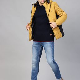 Roadster Men Mustard Yellow Solid Detachable Hooded Padded Jacket-image-5