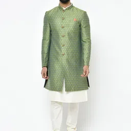 KISAH Men White & Green Woven Design Sherwani Set-image-69