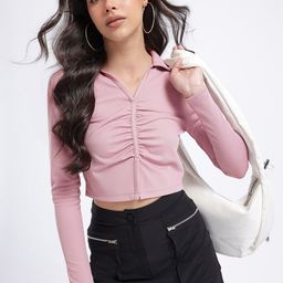 glitchez Girlboss Glam Ribbed Ruched Front Slit Crop Top-picture-10