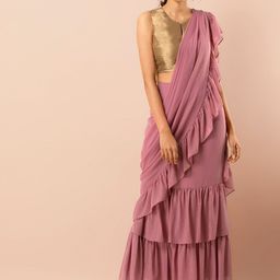 INDYA Women Mauve Mukaish Foil Ruffled Pre Draped Ready To Wear Saree-picture-1