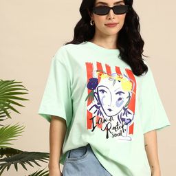 Mast & Harbour Pure Cotton Graphic Printed Drop-Shoulder Sleeves Oversized T-shirt-image-34