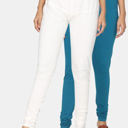 TSG Bliss Women Pack Of 2 Off-White & Blue Solid Churidar-Length Leggings-image-140