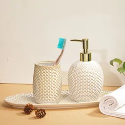 Chumbak Set of 3 White & Gold-Toned Printed Ceramic Bath Accessories-picture-29