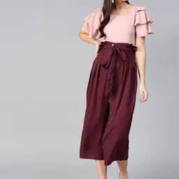 Bitterlime Women Peach-Coloured & Burgundy Solid Top with Trousers-33