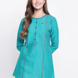 Kvsfab Women Sea Green Embroidered A-Line Kurti-image-39
