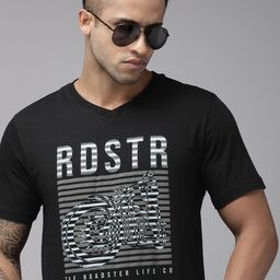 Roadster Men Black Typography Printed V-Neck Pure Cotton T-shirt-image-100